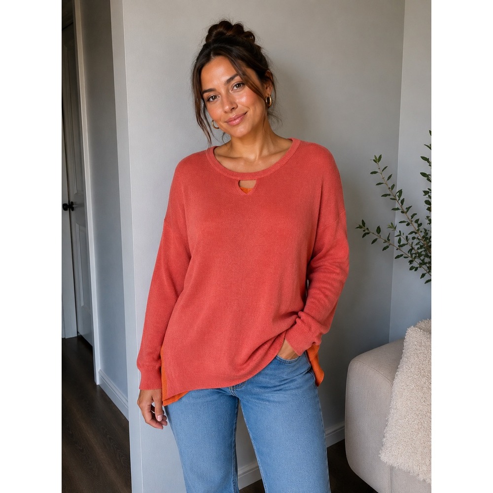 One A Women Orange Mixed Media Knit Sweater Keyhole High Low Hem XL 1099768